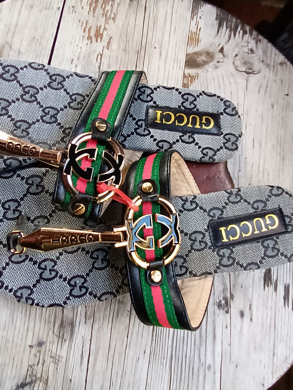 Slide Sandals in Gray with Green & Red Stripe